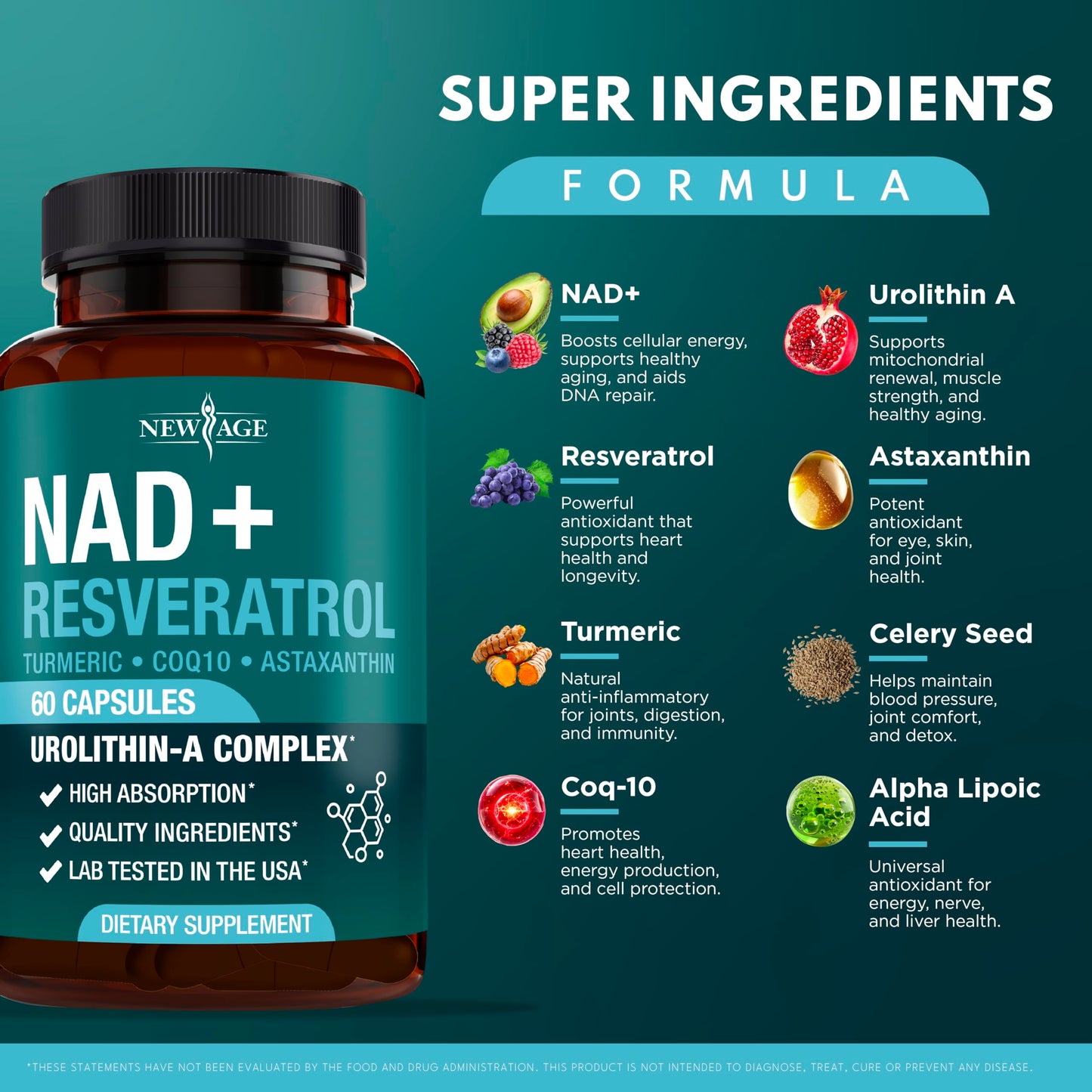 NEW AGE NAD+ Supplement Complex – 300 mg NAD+, Astaxanthin, Urolithin A, Resveratrol & CoQ10 – Vegan, Non-GMO