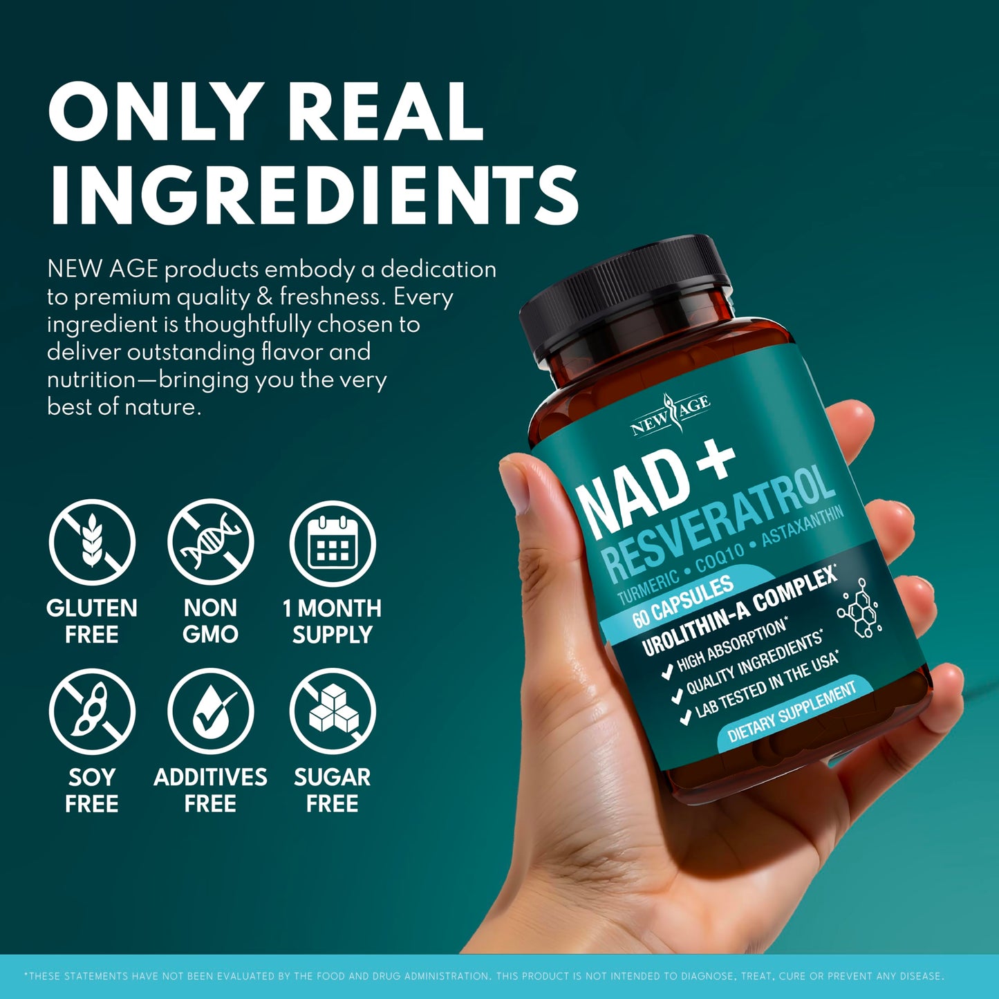 NEW AGE NAD+ Supplement Complex – 300 mg NAD+, Astaxanthin, Urolithin A, Resveratrol & CoQ10 – Vegan, Non-GMO