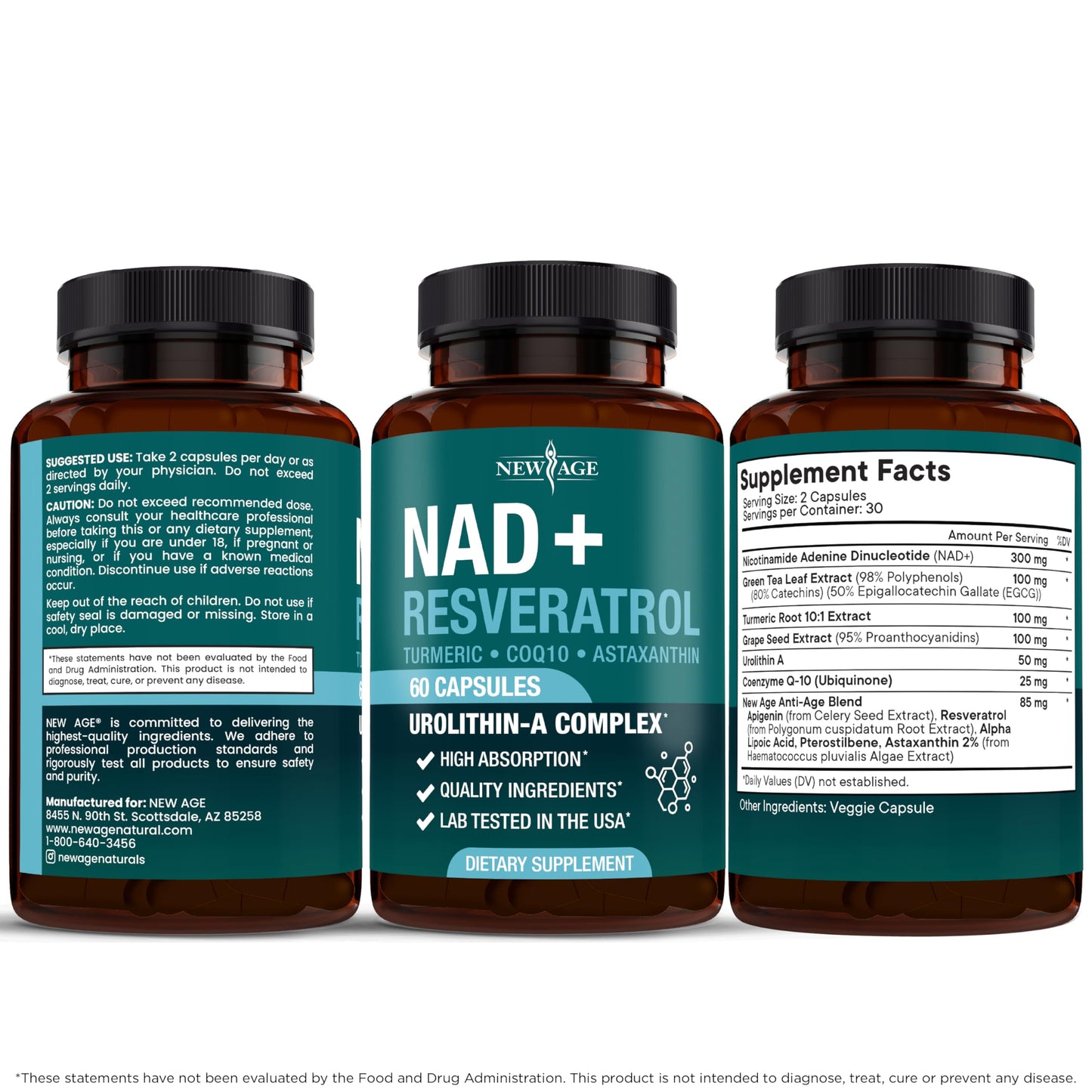 NEW AGE NAD+ Supplement Complex – 300 mg NAD+, Astaxanthin, Urolithin A, Resveratrol & CoQ10 – Vegan, Non-GMO