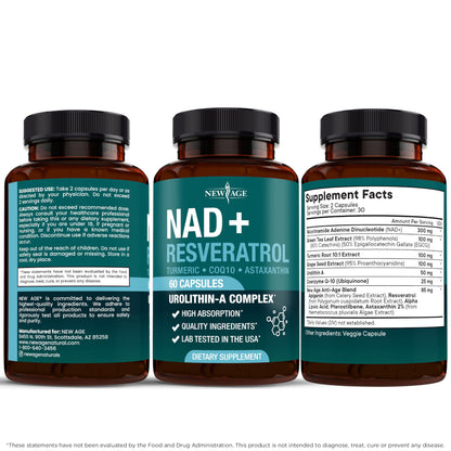 NEW AGE NAD+ Supplement Complex – 300 mg NAD+, Astaxanthin, Urolithin A, Resveratrol & CoQ10 – Vegan, Non-GMO