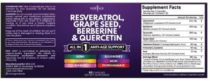 NEW AGE Resveratrol Berberine Grape Seed Quercetin Polyphenol Supplement – 180 Capsules