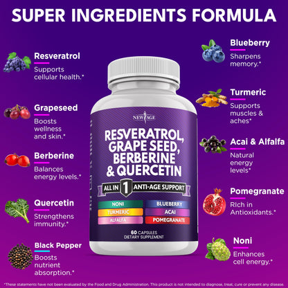 NEW AGE Resveratrol Berberine Grape Seed Quercetin Polyphenol Supplement – 180 Capsules
