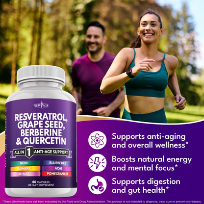 NEW AGE Resveratrol Berberine Grape Seed Quercetin Polyphenol Supplement – 180 Capsules