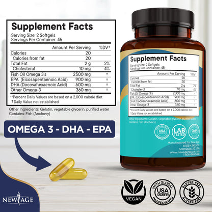 NEW AGE Omega 3 Fish Oil Supplement - Non-GMO, Gluten Free, EPA & DHA (270 Softgels, Pack of 3)