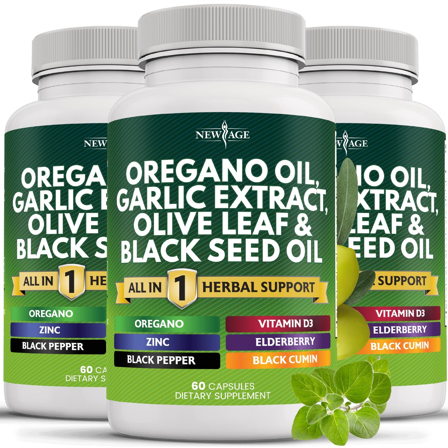 NEW AGE Oregano Oil Garlic Extract Olive Leaf with Astragalus – 180 Count for Men & Women