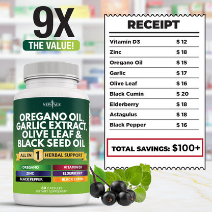 NEW AGE Oregano Oil Garlic Extract Olive Leaf with Astragalus – 180 Count for Men & Women