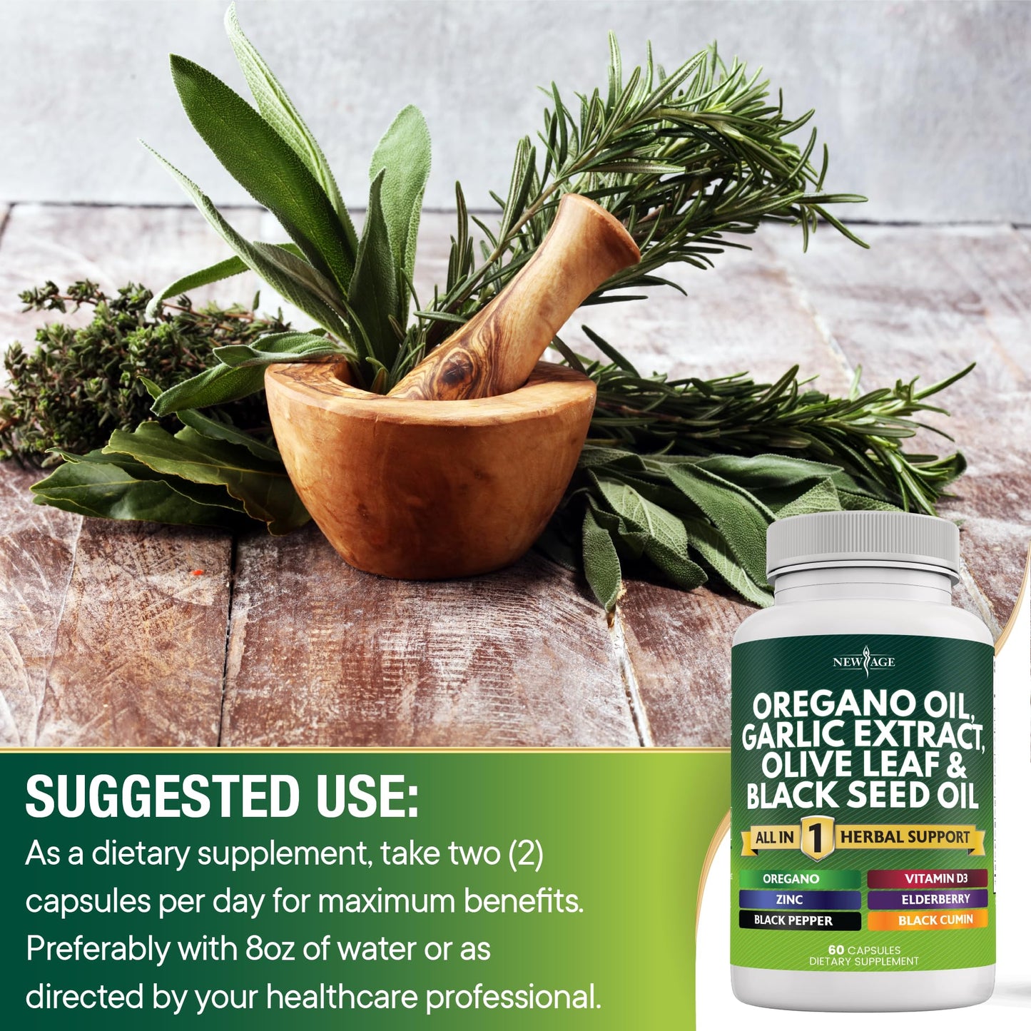 NEW AGE Oregano Oil Garlic Extract Olive Leaf with Astragalus – 180 Count for Men & Women