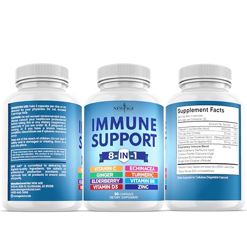 NEW AGE 8 in 1 Immune Support Booster – Vitamin D 5000 IU, Vitamin C 1000 mg, Zinc 50 mg, Elderberry & Echinacea – 180 Capsules (Pack of 3)