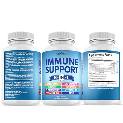 NEW AGE 8 in 1 Immune Support Booster – Vitamin D 5000 IU, Vitamin C 1000 mg, Zinc 50 mg, Elderberry & Echinacea – 180 Capsules (Pack of 3)