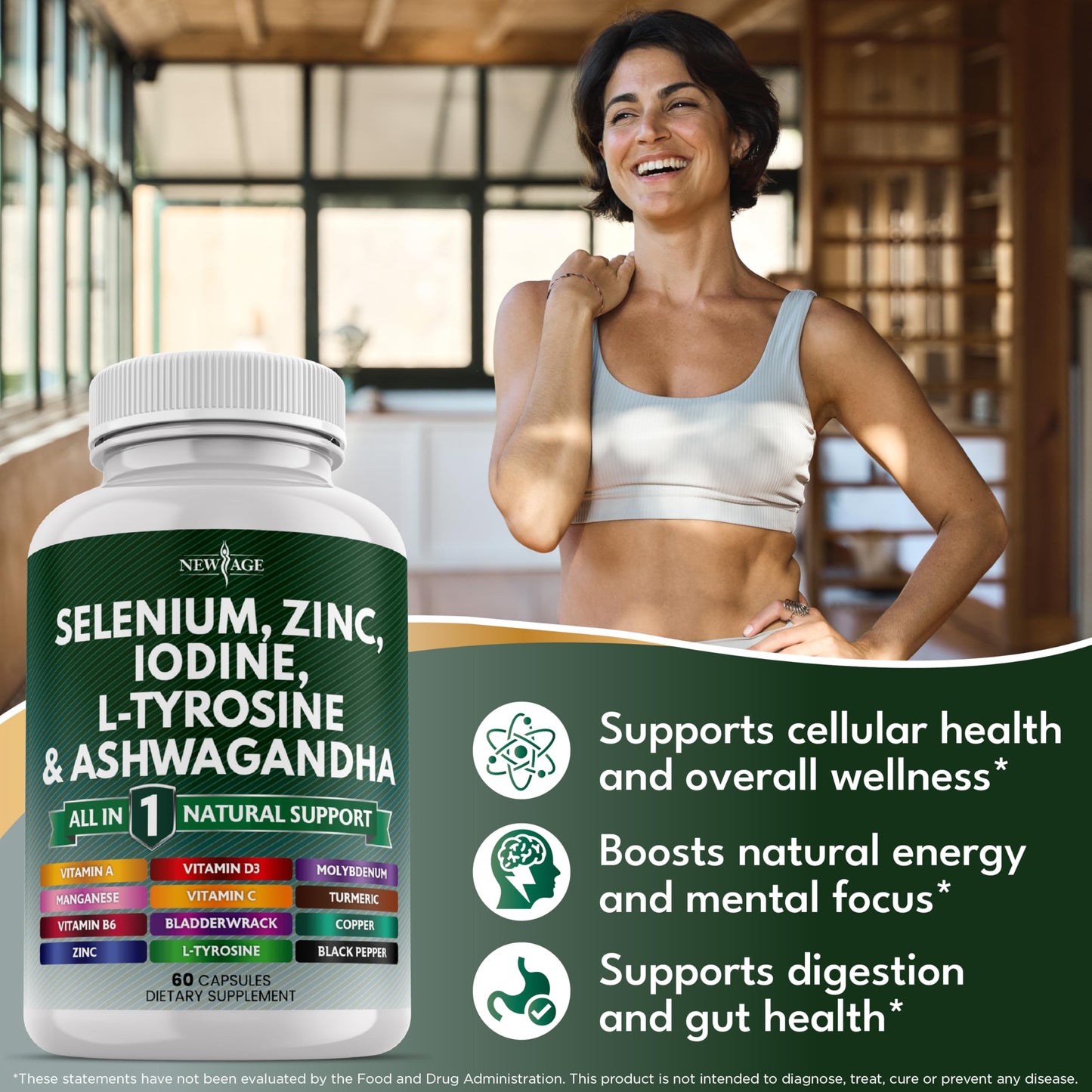 NEW AGE Thyroid Support Supplement with Selenium, Zinc, Iodine, L-Tyrosine, Ashwagandha — 60 Count (Pack of 3)
