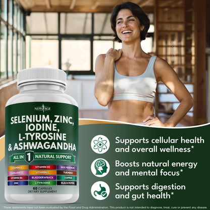 NEW AGE Thyroid Support Supplement with Selenium, Zinc, Iodine, L-Tyrosine, Ashwagandha — 60 Count (Pack of 3)