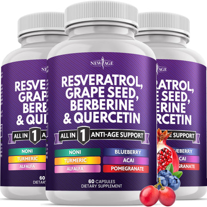 NEW AGE Resveratrol Berberine Grape Seed Quercetin Polyphenol Supplement – 180 Capsules