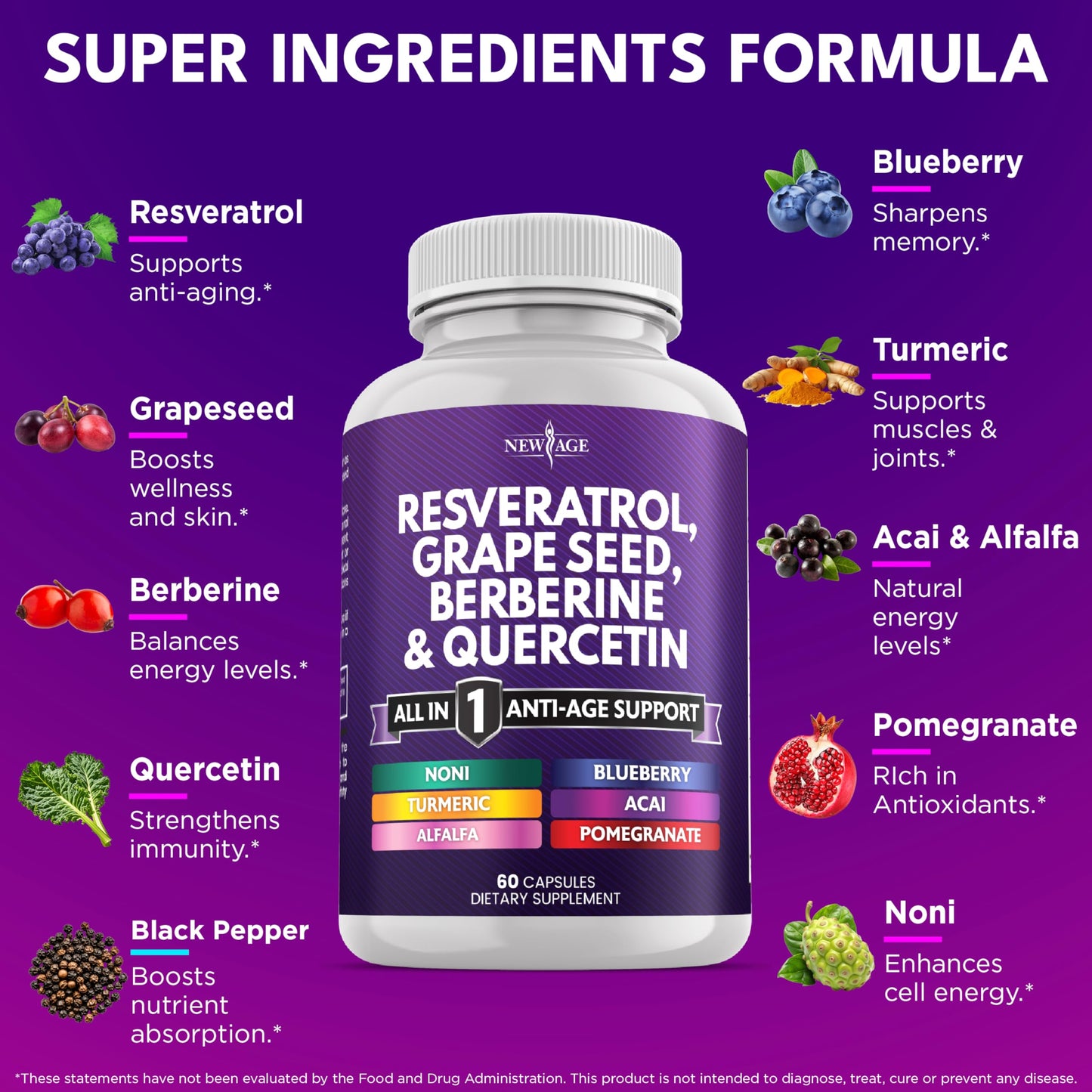NEW AGE Resveratrol Berberine Grape Seed Quercetin Polyphenol Supplement – 180 Capsules