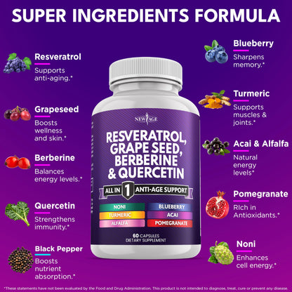 NEW AGE Resveratrol Berberine Grape Seed Quercetin Polyphenol Supplement – 180 Capsules