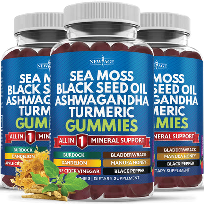 NEW AGE Sea Moss Gummies 10-in-1 with Black Seed, Ashwagandha, Turmeric | Vegan 180 Count