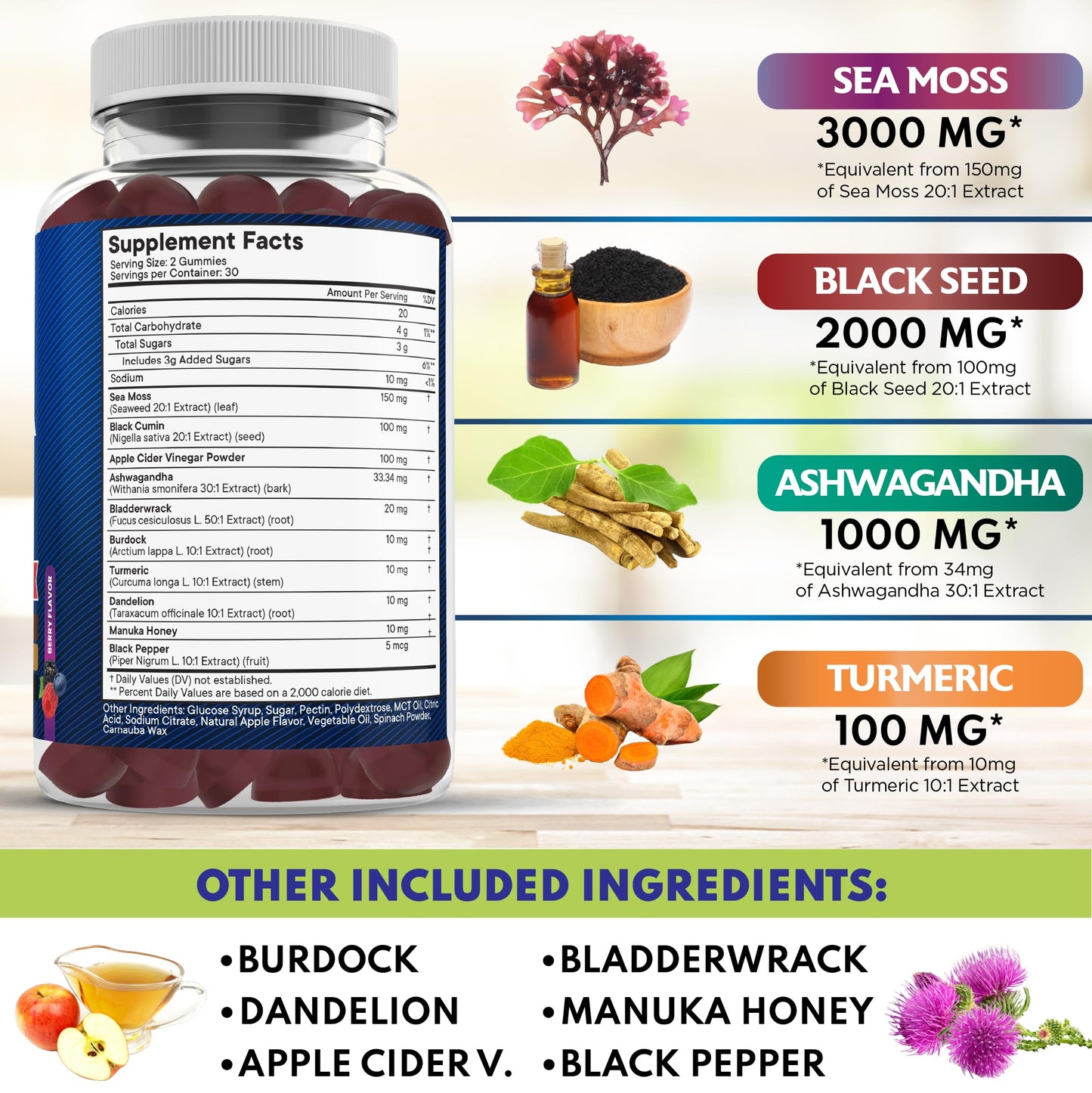 NEW AGE Sea Moss Gummies 10-in-1 with Black Seed, Ashwagandha, Turmeric | Vegan 180 Count