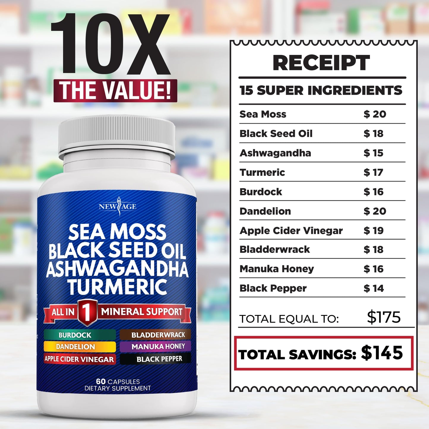 NEW AGE Silica Sea Moss & Black Seed Oil – All-in-1 Mineral Formula with Ashwagandha, Turmeric, Bladderwrack, Burdock | Gluten Free