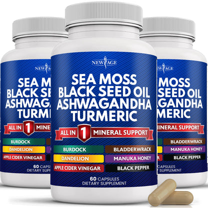NEW AGE Silica Sea Moss & Black Seed Oil – All-in-1 Mineral Formula with Ashwagandha, Turmeric, Bladderwrack, Burdock | Gluten Free