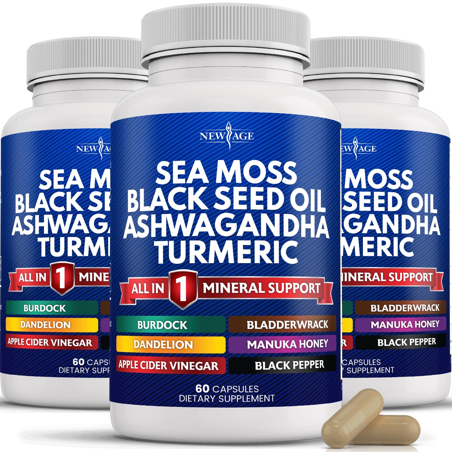 NEW AGE Silica Sea Moss & Black Seed Oil – All-in-1 Mineral Formula with Ashwagandha, Turmeric, Bladderwrack, Burdock | Gluten Free