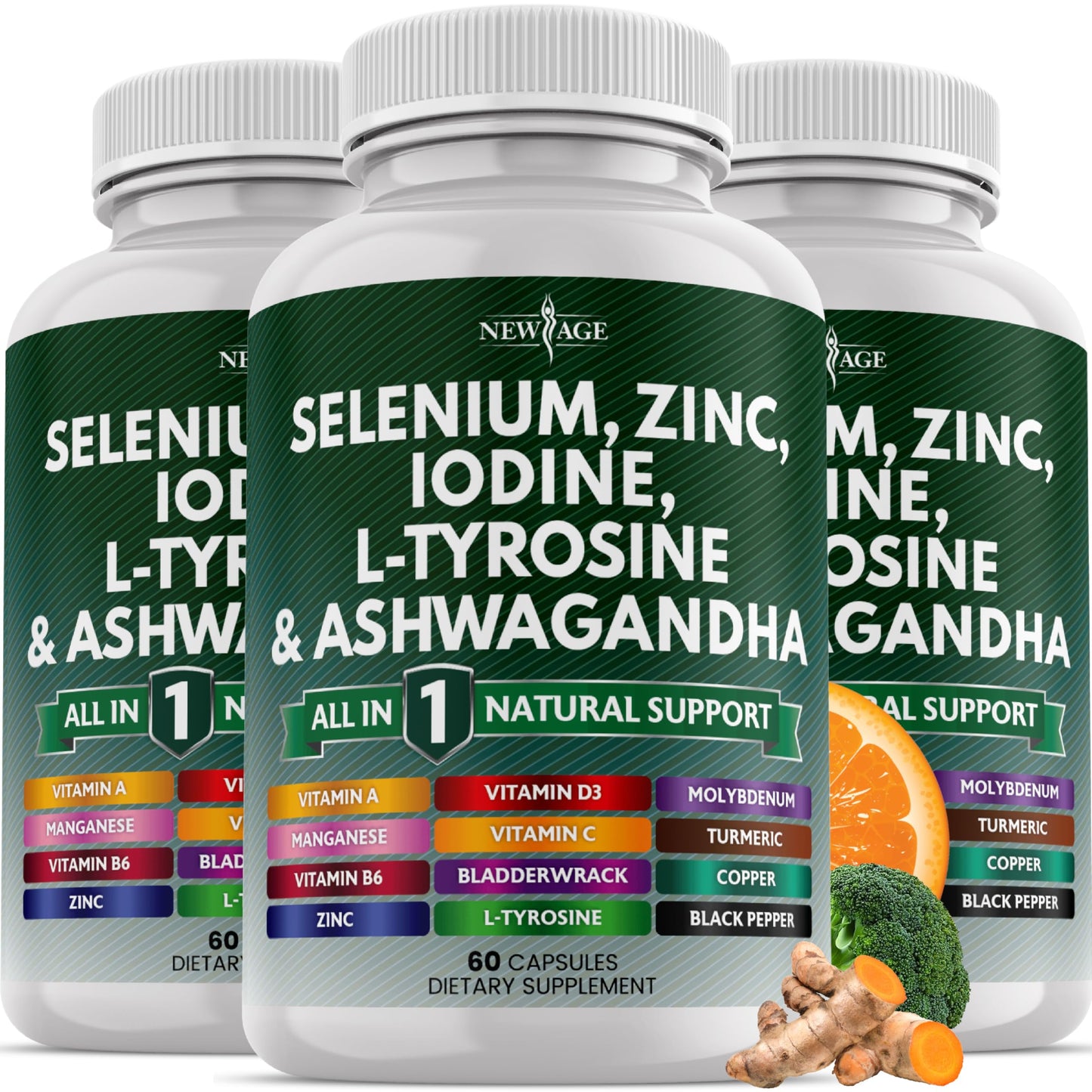 NEW AGE Thyroid Support Supplement with Selenium, Zinc, Iodine, L-Tyrosine, Ashwagandha — 60 Count (Pack of 3)
