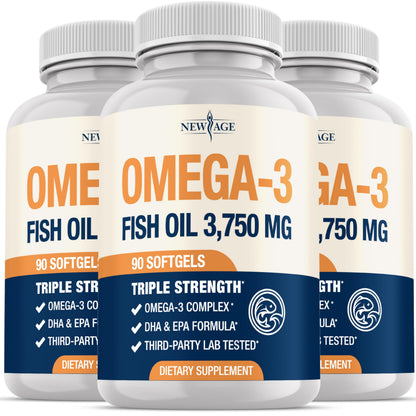NEW AGE Triple Strength Omega 3 Fish Oil 3750 mg – 1350 mg EPA + 900 mg DHA | 270 Softgels