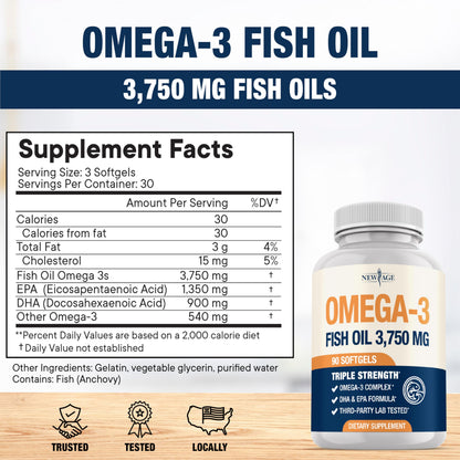 NEW AGE Triple Strength Omega 3 Fish Oil 3750 mg – 1350 mg EPA + 900 mg DHA | 270 Softgels