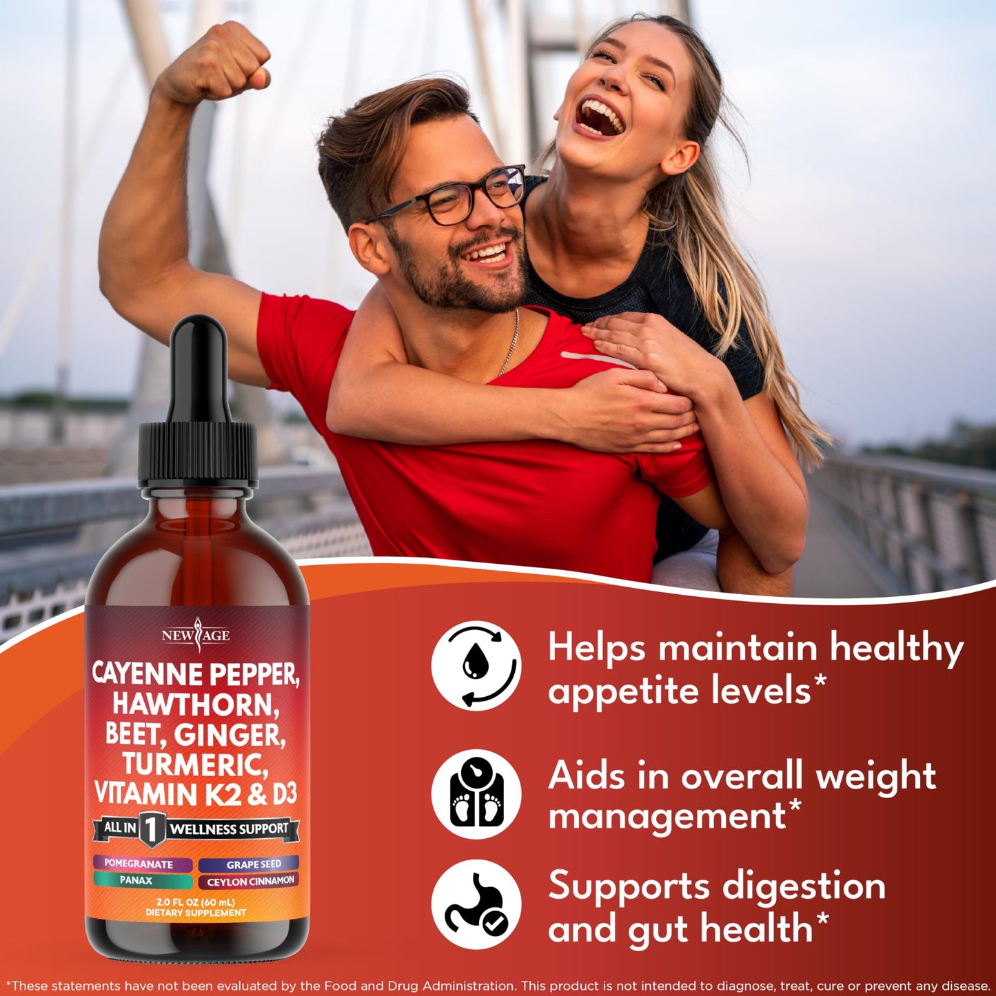NEW AGE Cayenne Pepper Liquid Drops with Hawthorn Berry, D3 K2, Beet Root, Cinnamon, Turmeric, and Ginseng – 8 oz