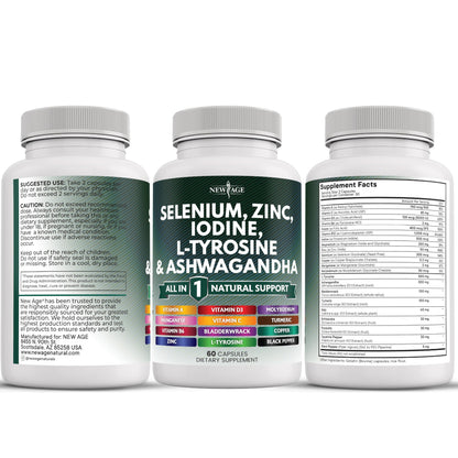 NEW AGE Thyroid Support Supplement with Selenium, Zinc, Iodine, L-Tyrosine, Ashwagandha — 60 Count (Pack of 3)