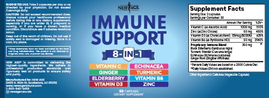 NEW AGE 8 in 1 Immune Support Booster – Vitamin D 5000 IU, Vitamin C 1000 mg, Zinc 50 mg, Elderberry & Echinacea – 180 Capsules (Pack of 3)