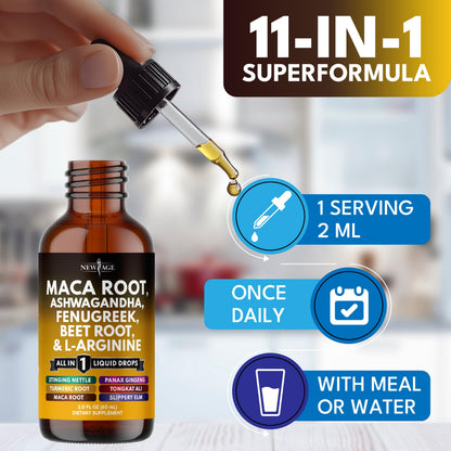 NEW AGE Organic Maca Root Liquid Drops with Ashwagandha, Nettle, Fenugreek, Beet Root & L-Arginine – 8oz