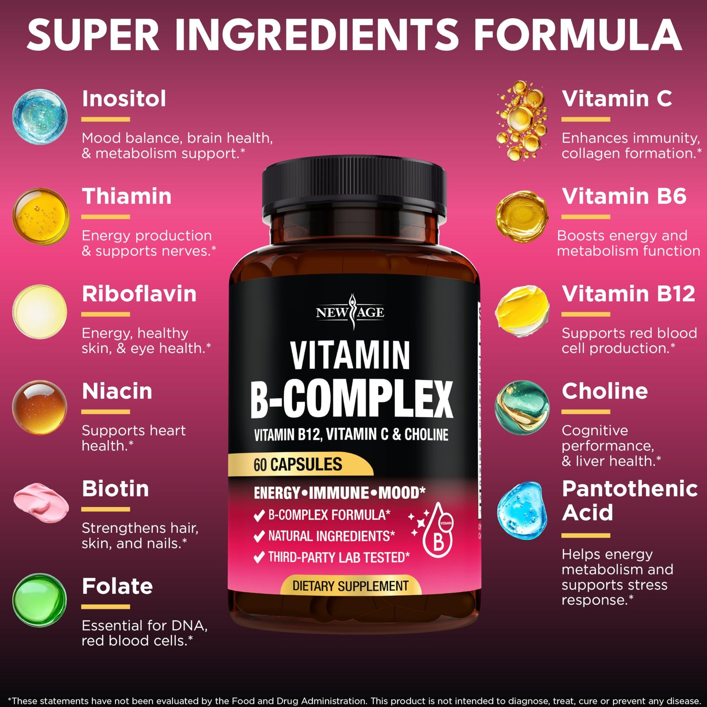 NEW AGE Vitamin B Complex for Men & Women — Made in USA, 180 Vegan Capsules