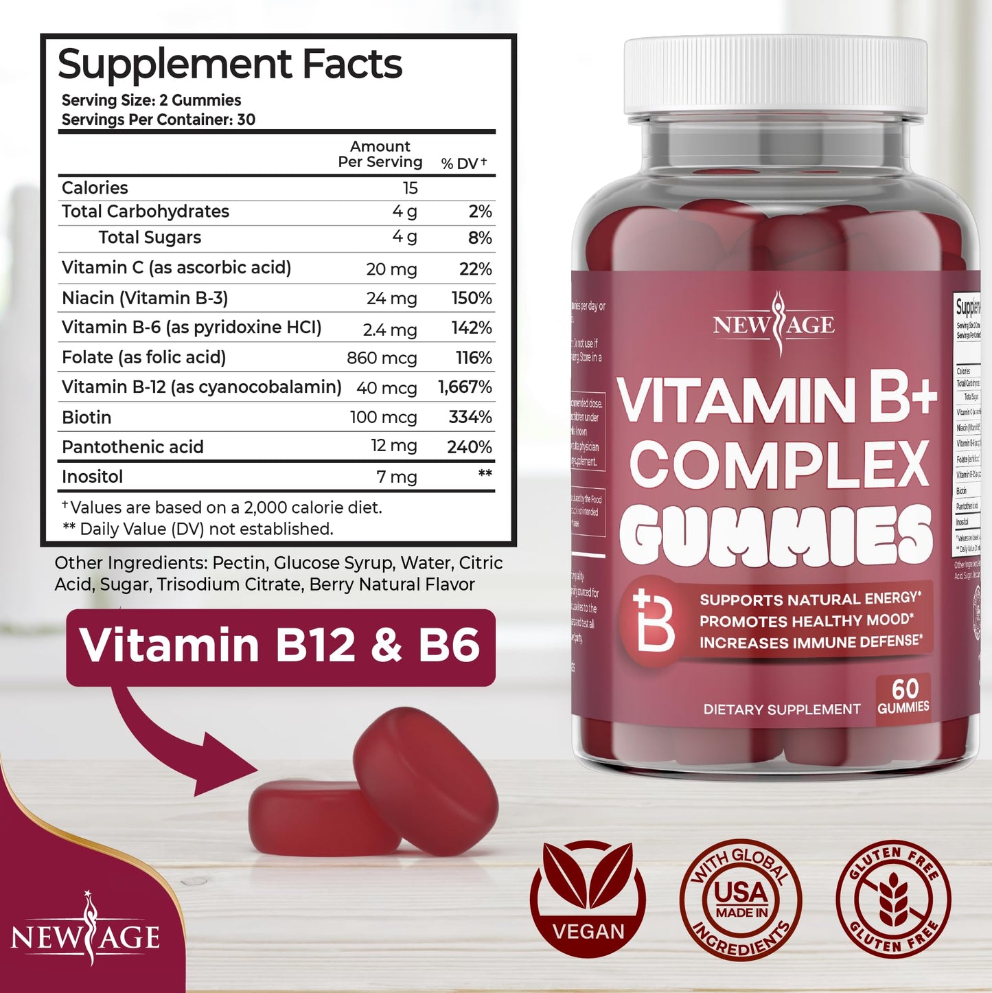 NEW AGE Vitamin B Complex Gummies – Gluten-Free, Vegan, Made in USA (180 Count x3)