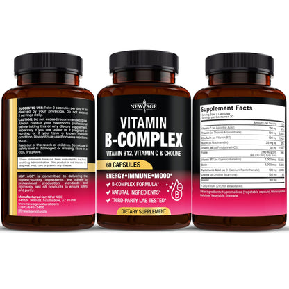 NEW AGE Vitamin B Complex for Men & Women — Made in USA, 180 Vegan Capsules
