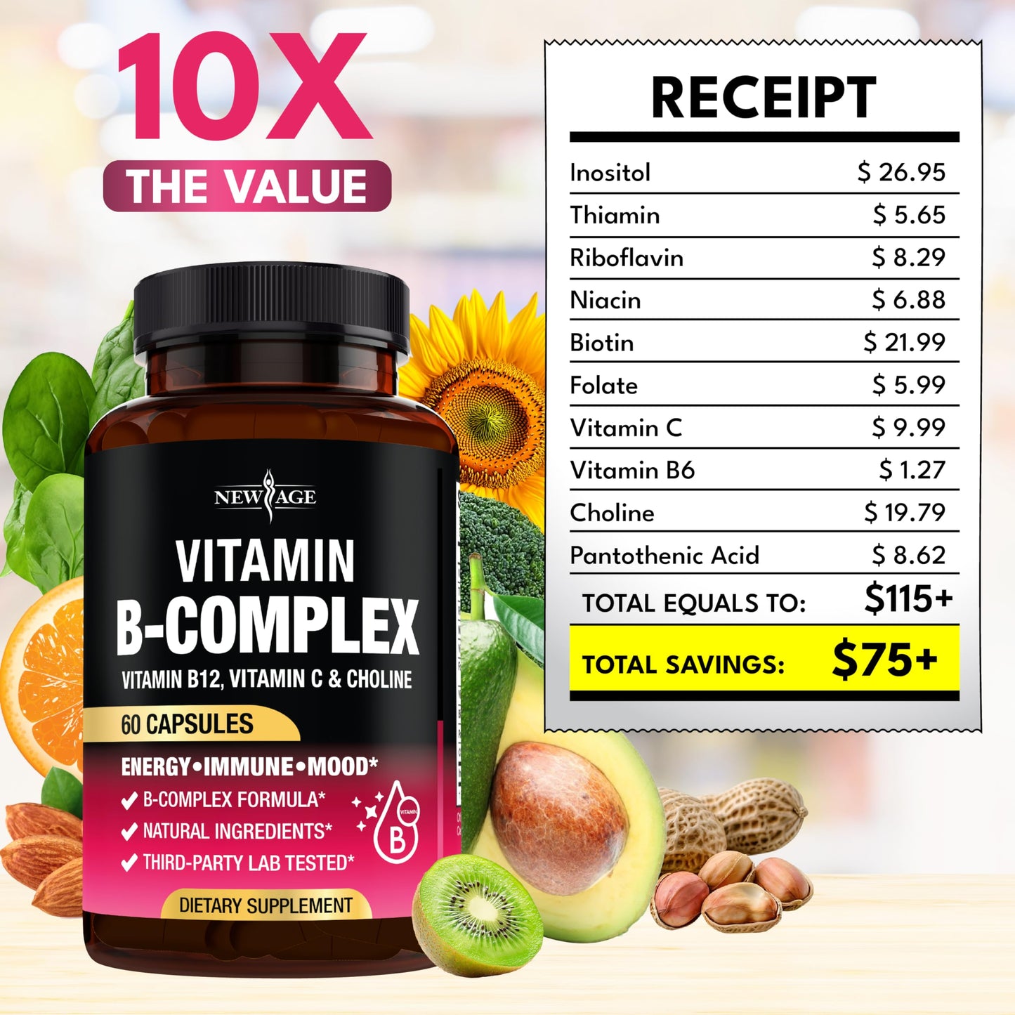 NEW AGE Vitamin B Complex for Men & Women — Made in USA, 180 Vegan Capsules