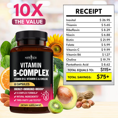 NEW AGE Vitamin B Complex for Men & Women — Made in USA, 180 Vegan Capsules