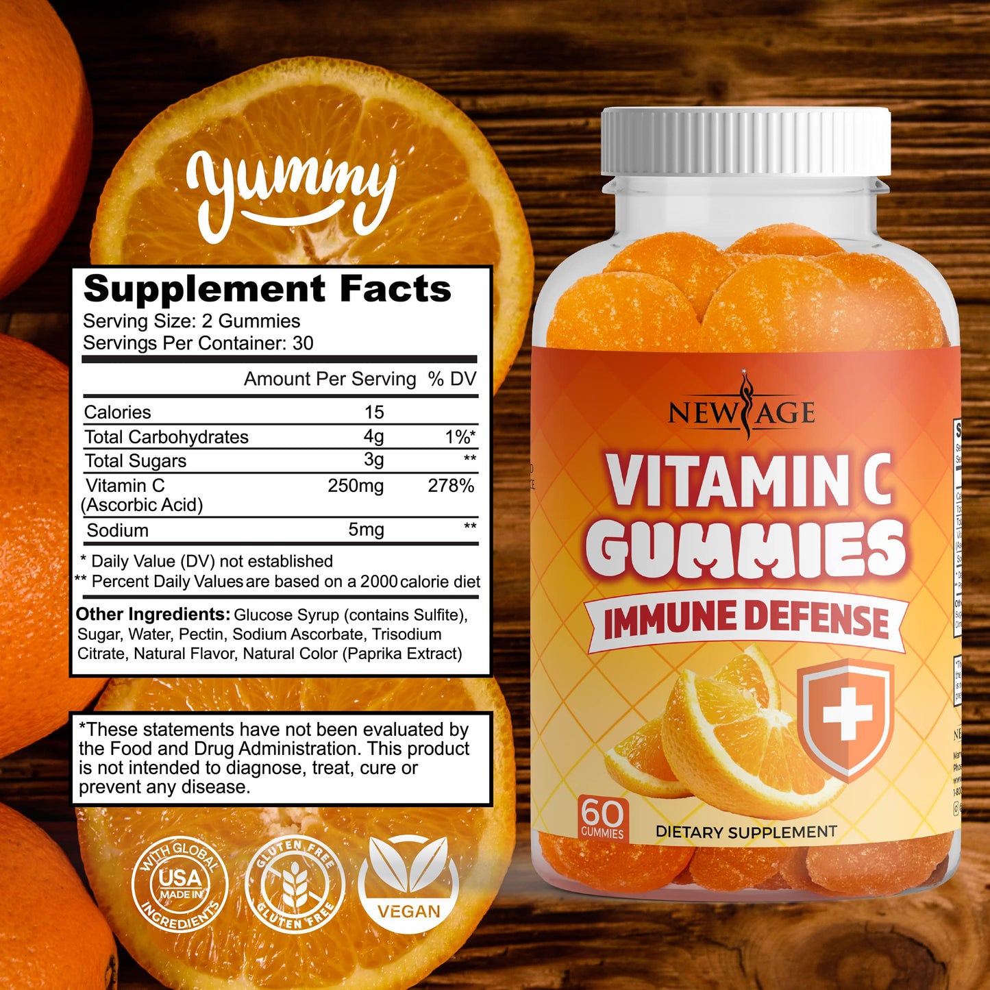 NEW AGE Vitamin C Gummies – Orange Flavor, Vegetarian, Gluten-Free (180 Gummies)