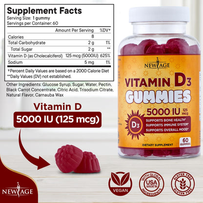 NEW AGE Vitamin D3 5000 IU Gummies — Immune Support, Non-GMO, Gluten-Free