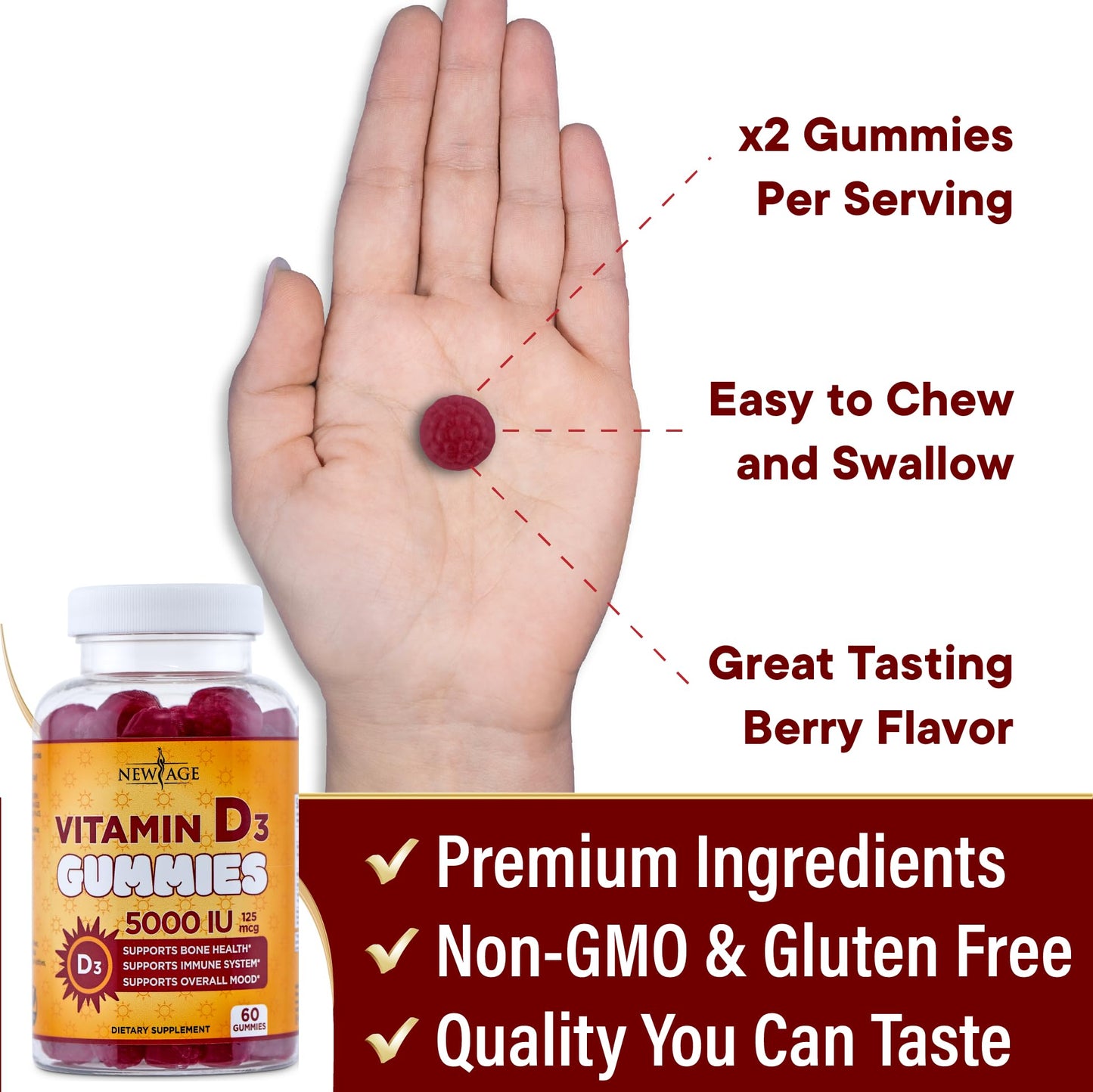 NEW AGE Vitamin D3 5000 IU Gummies — Immune Support, Non-GMO, Gluten-Free