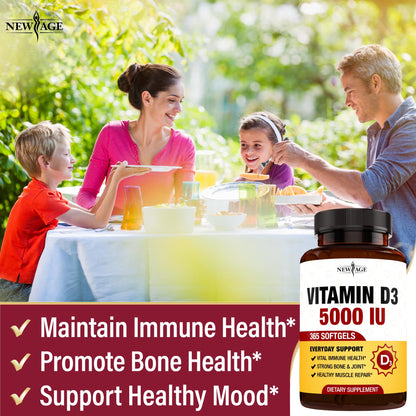NEW AGE Vitamin D3 5000 IU Softgels – Immune Support, Strong Bones, Non-GMO, Gluten-Free (360 Softgels)