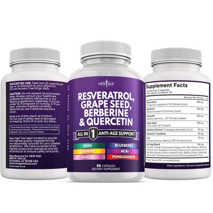 NEW AGE Resveratrol Berberine Grape Seed Quercetin Polyphenol Supplement – 180 Capsules