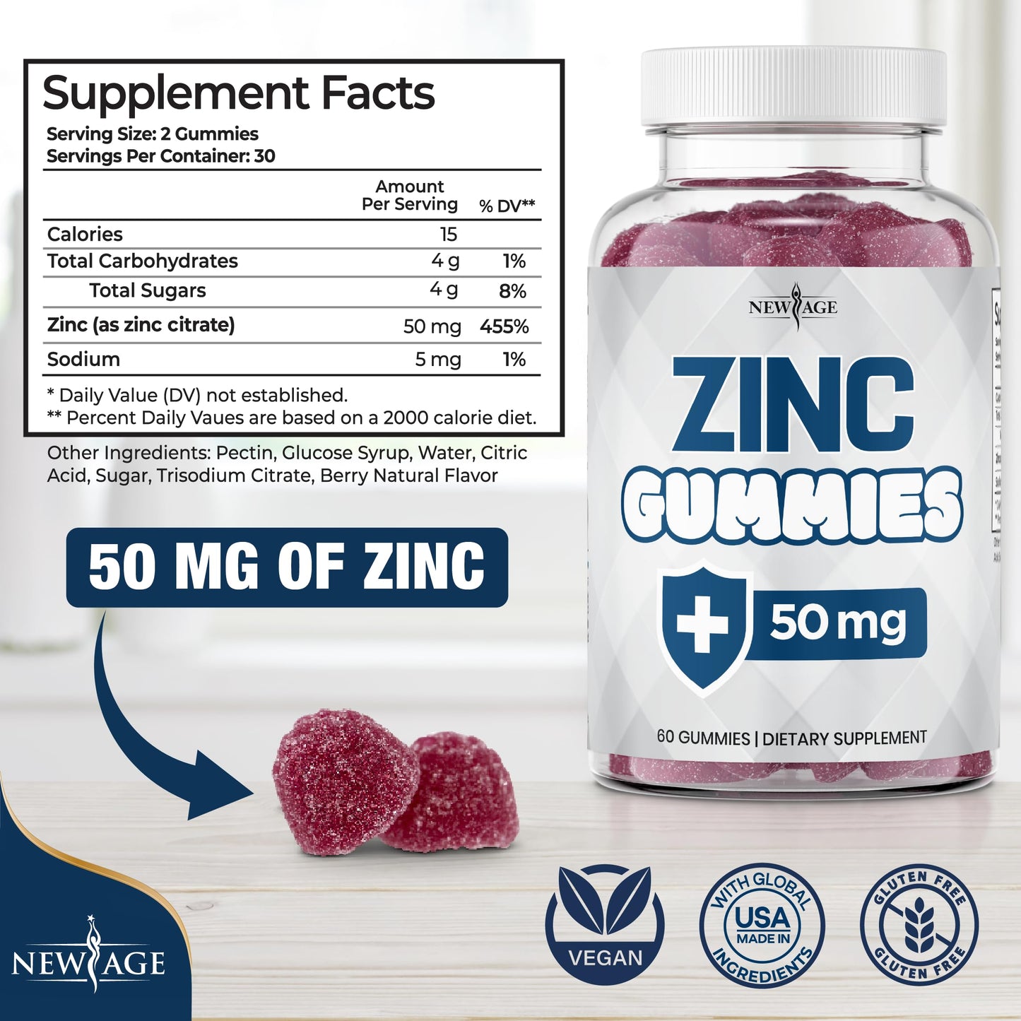 NEW AGE Zinc Gummies – 50mg Zinc, Immune Support, Antioxidant • Non-GMO | 180 Count (Pack of 3)