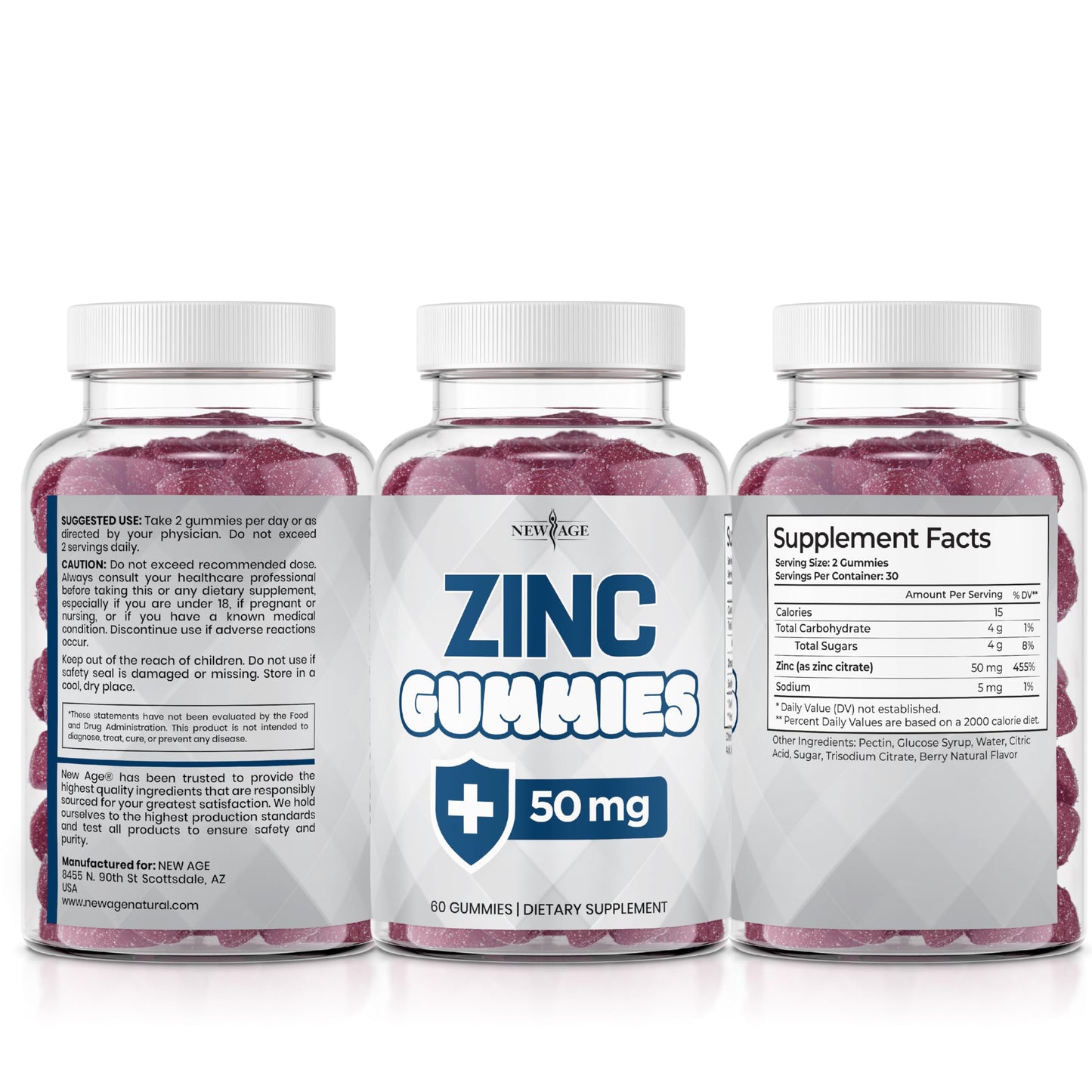 NEW AGE Zinc Gummies – 50mg Zinc, Immune Support, Antioxidant • Non-GMO | 180 Count (Pack of 3)