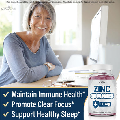 NEW AGE Zinc Gummies – 50mg Zinc, Immune Support, Antioxidant • Non-GMO | 180 Count (Pack of 3)