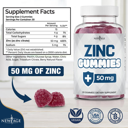 NEW AGE Zinc Gummies – 50mg Zinc, Immune Support, Antioxidant • Non-GMO | 180 Count (Pack of 3)