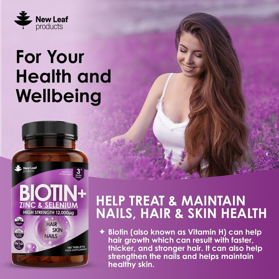 Biotin Hair Growth Vitamins 12000mcg – High Strength, Coconut Oil | Vegan & UK Made | New Leaf