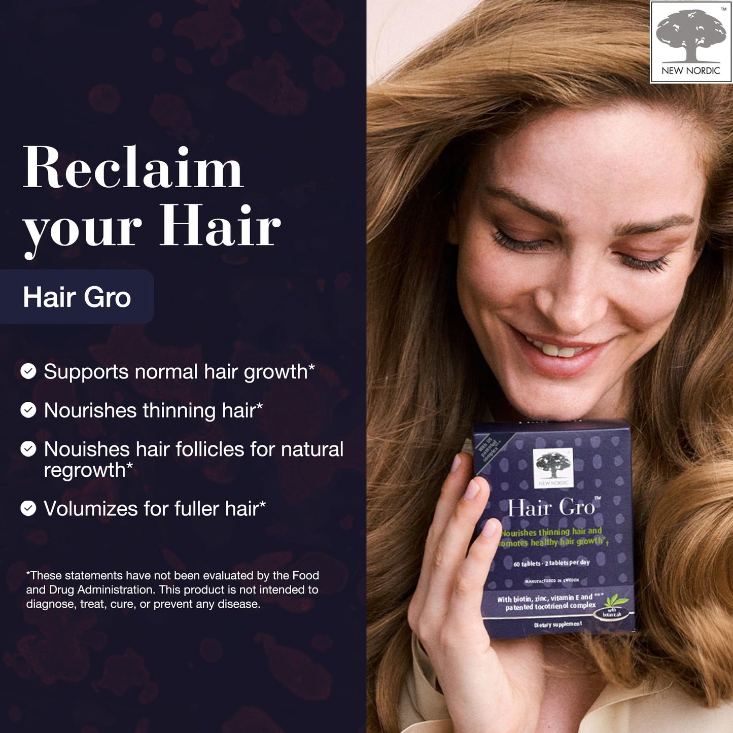 NEW NORDIC Hair GRO: Hair Growth Supplement with Biotin & Palm Tocotrienols, 60 Count