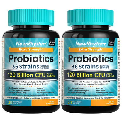 NewRhythm Probiotics 120 Billion CFU – 36 Strains, 3-in-1 Digestive Health with Prebiotics & Enzymes | 60 Count