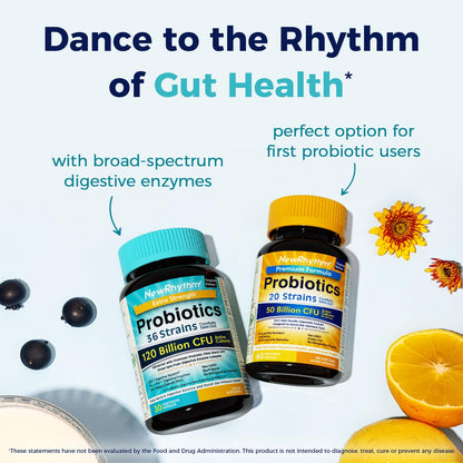 NewRhythm Probiotics 120 Billion CFU – 36 Strains, 3-in-1 Digestive Health with Prebiotics & Enzymes | 60 Count