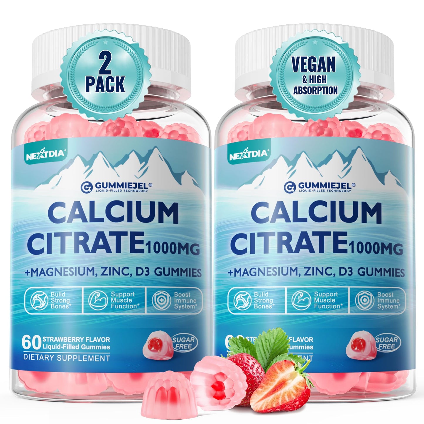 Nextdia Calcium Citrate 1000mg Gummies — Vegan, Sugar-Free, 2:1 Ca:Mg + D3