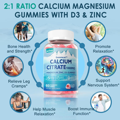 Nextdia Calcium Citrate 1000mg Gummies — Vegan, Sugar-Free, 2:1 Ca:Mg + D3